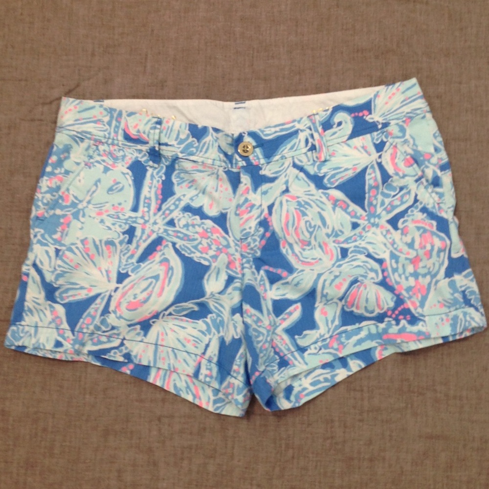 Lilly Pulitzer Blue Floral Print Shorts with Pink & Light Aqua Accents